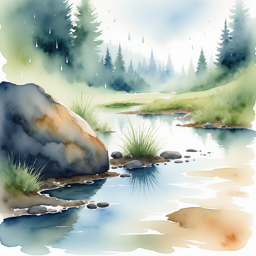 Raindrops splatter on the soggy ground, forming tiny puddles next to a large rock. In the background, storm clouds swirl across the sky.