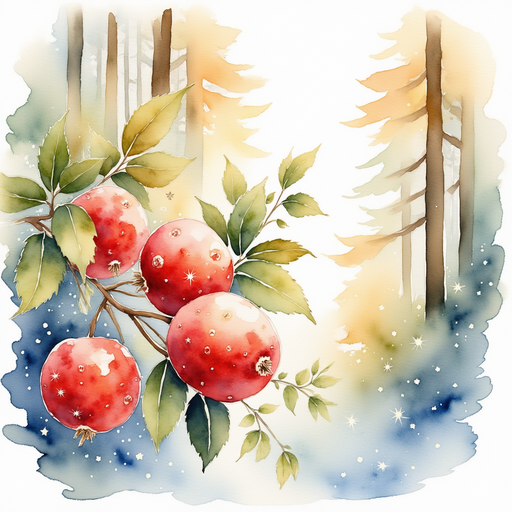 A cluster of sparkle berries glistens, each berry shining like a tiny star. In the background, tall sunlit trees with twisting boughs.