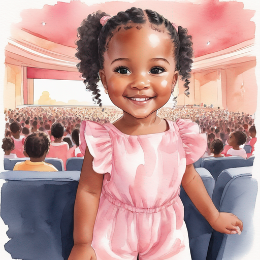 Aset wearing two shoulder length curly ponytails wearing a pink romper and sandals smiling in front of movie screen inside movie theater auditorium