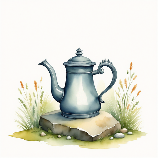 A shiny silver watering can with a dragon-shaped spout rests on a mossy rock. In the background, tiny stones form a winding path through the grass.