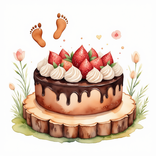 The chocolate cake with swirls of icing rests on a wooden stump. In the background, happy pixie footprints