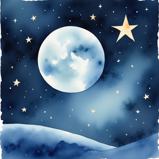 A shimmering star quietly dips below the moon. In the background, the sky dims as the star softly fades away.