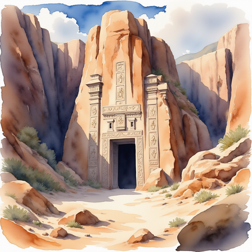Show the carved doorway in a tall cliff, its stone edges etched with intricate symbols. In the background, jagged shadows stretch across the rock face.