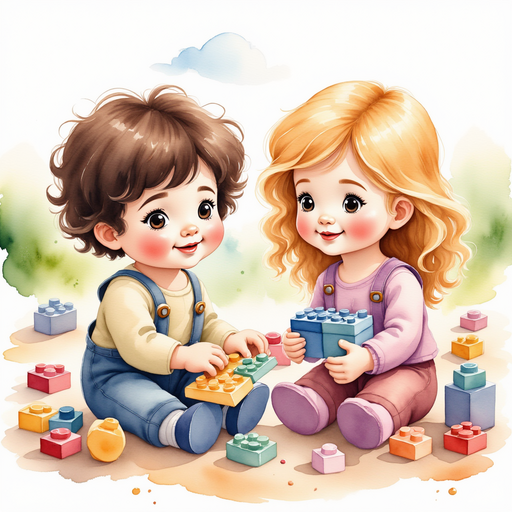 Illustrate a group of colorful Lego friends working together, each holding different Lego pieces. In the background, rolling hills made of Lego bricks.