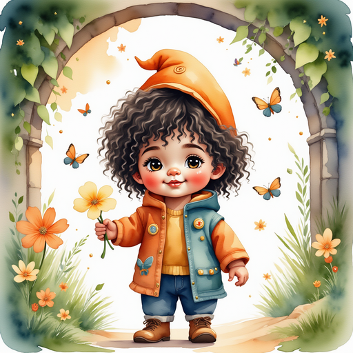 Zippy holds the glowing ‘Merci’ flower while butterflies twirl above. In the background green ivy climbs a stone arch.