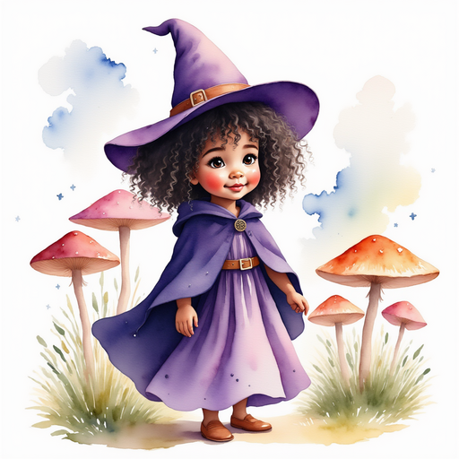 Willow Charms - who is black - stands in front of her cottage, smiling brightly. In the background, tall mushrooms glow with soft light.