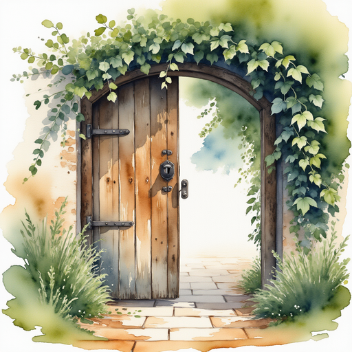 A close-up view of a weathered gate with a tiny keyhole. In the background, thick ivy twisting around the frame.