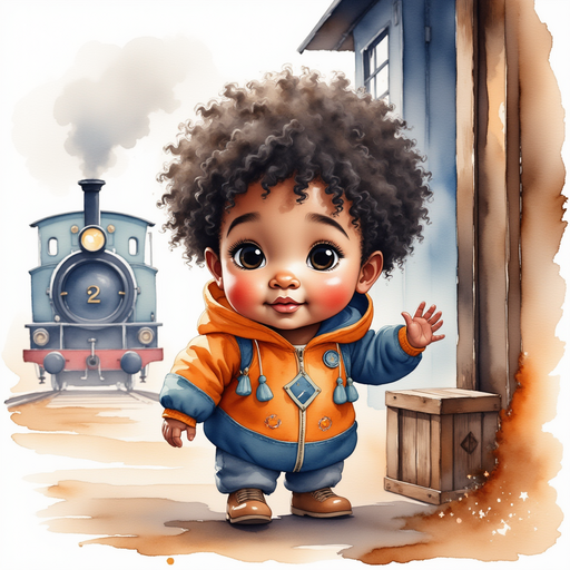 Show Zippy Zapata crouching beside the train cab. In the background, swirling steam drifts past wooden crates