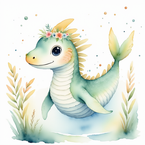 Nessie Sparkles swimming away from the loch and into the river mouth. In the background, tall reeds along the riverbank sway in the wind.