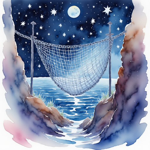 A sturdy silver net hangs neatly by the railing, catching bright reflections. In the background, the galaxy shines with colorful stars