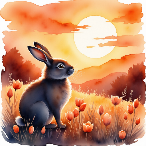 Illustrate the fiery and orange-hued sunset casting a long silhouette of the rabbit's ears. In the background, the darkening outline of Tulip Valley.