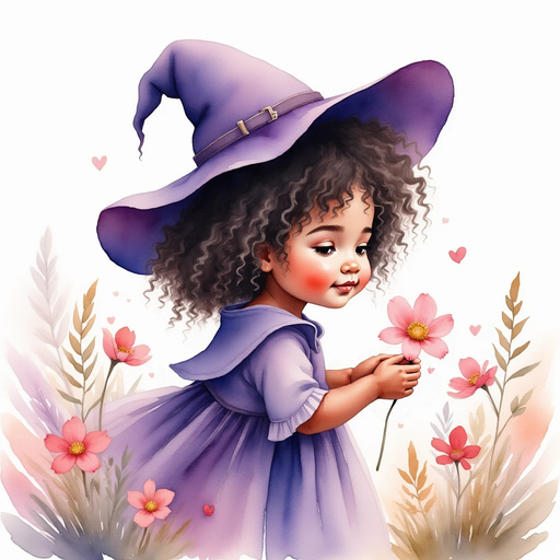 Willow Charms leans close, carefully looking at each petal of Flower. In the background, swaying blooms watch kindly.