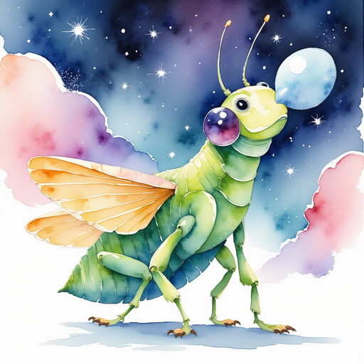 Buzzywhirl aims a shiny mirror at the stars. In the background, swirling cosmic colors.