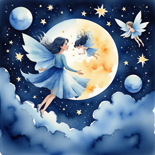 Fairies transforming into constellations that float into the night sky. The full moon shining brightly