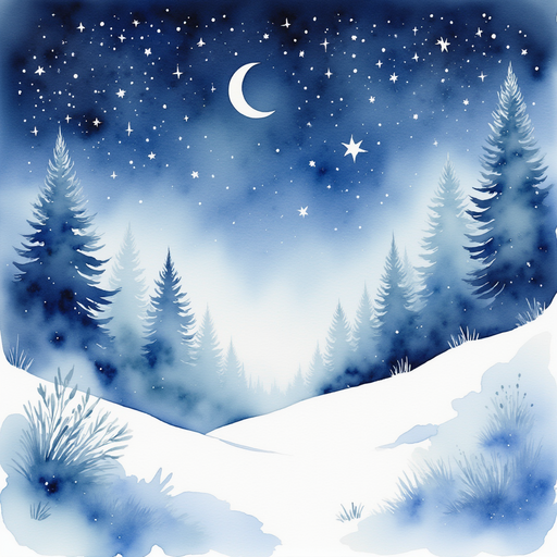 The shimmering snow swirling under the twinkling sky In the background, glittering stars