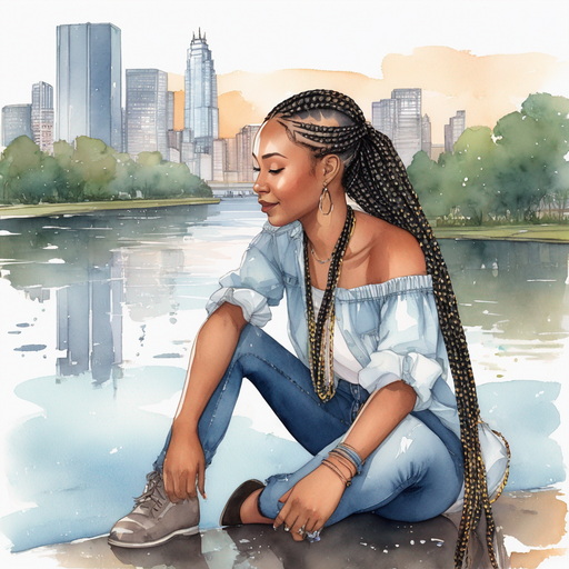 Renese long tribal braids with beads looking envious wearing off the shoulder shirt and denim jeans reflecting in a puddle at river skyscraper and city in nearby distance