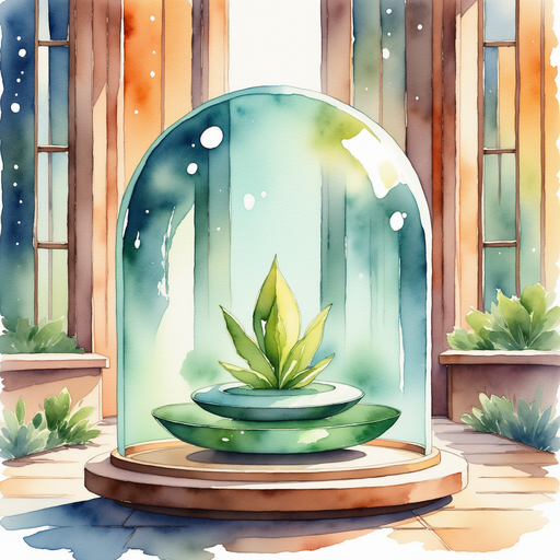 A gleaming glass dome with a giant emerald button sits on a wooden platform. In the background, colorful windows