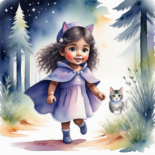 Show Luna Lighthug - who is black - is softly smiling under the glowing trees. In the background, tall, glittering trees