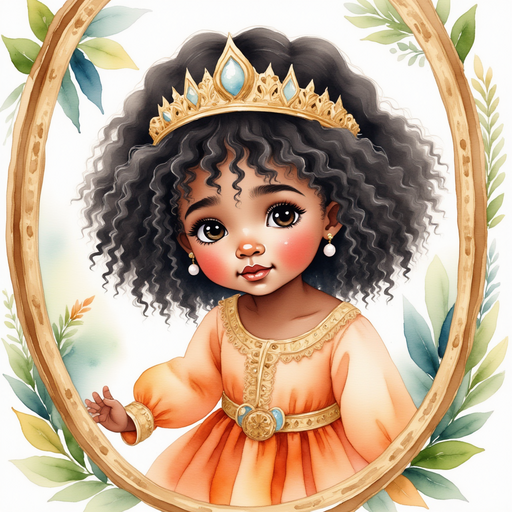 Queen Neena touches her reflection on the mirror's surface, eyes gentle. In the background, soft green leaves sway in a hidden breeze.