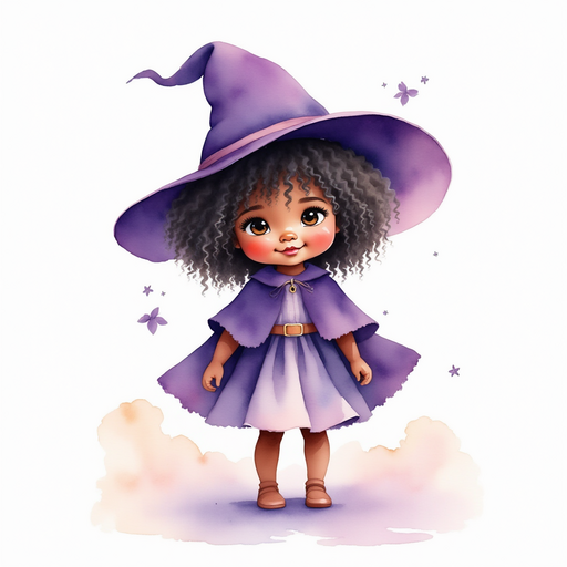 Show Willow Charms - who is black - is in a tall, pointy hat, standing on a fluffy white cloud. In the background, more soft clouds drift.