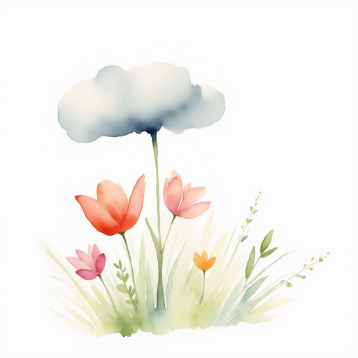 A small gray cloud hovers close to the flowers, seeming to droop. In the background, a gentle breeze stirs the petals.