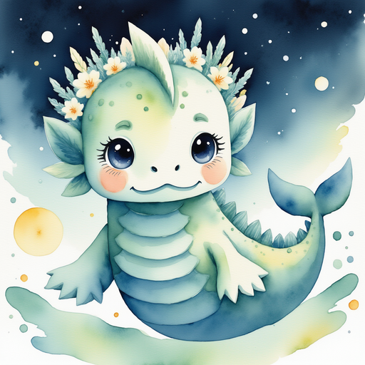 Nessie Sparkles with wide eyes, her fins just above the water. In the background, the sky is streaked with dark, swirling clouds.