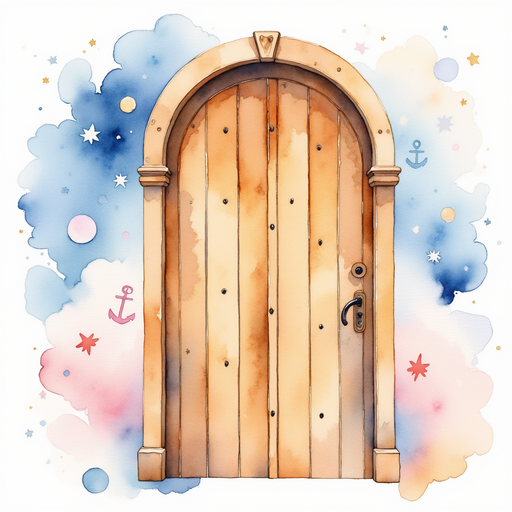 The tall golden oak door with swirling patterns In the background, the cloudy anchors swirl like cotton candy