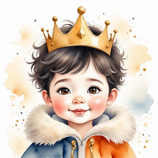 King Doodle Bum with a big crown and wide eyes pressing his face against the window In the background, swirling white flakes