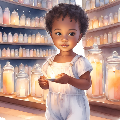 Aset close-up portrait curly short hair wearing a white romper and sandels playing in magic shop shelves of candles and jars Stellaris city.
