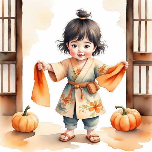 Sammy the Spirited Samurai measuring a roll of orange fabric with careful hands. In the background, small pumpkins rest by the door.