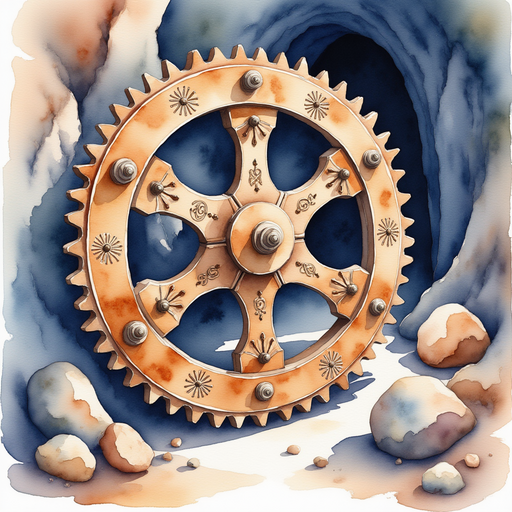 A weathered puzzle wheel, etched with symbols, stands in front. In the background, scattered stones lie on the cavern floor