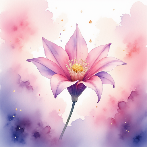 A glittering bellflower releasing glowing dew. In the background, pink and lavender clouds swirl in the sky.