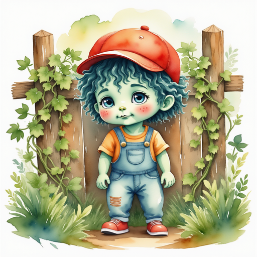 Zigzag Zander standing at the overgrown fence, gently touching the leaves. In the background, vines curling around wooden boards.