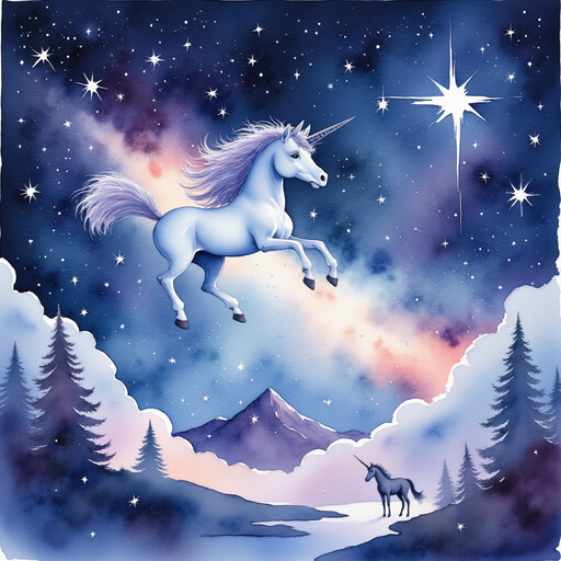 A glowing flute pulsing with light, illuminating silhouettes of unicorns and dragons in the sky. Vast and dreamy constellation patterns