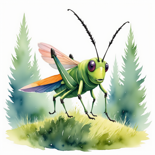 Show Buzzywhirl perched atop a soft mound of emerald moss, antennae raised in curiosity. In the background, tall, misty trees tower.