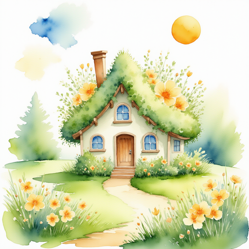 A beautiful purse-shaped house covered with blooming spring flowers stands in the green meadow. In the background, the sun shines brightly over a lush meadow.