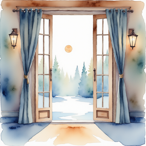 a tall window, looking out across the icy lake. In the background, the frozen lake glimmers under a pale sun.