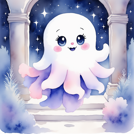 Glimmer Puff floating through a corridor, trailing a bright swirl of sparkles In the background: A tall crystal window revealing the night sky