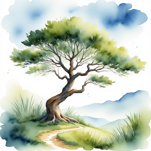 A towering, majestic tree with twisting branches reaching high into the sky. distant mountains