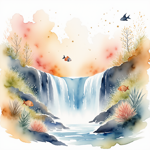 Illustrate the angelfish elegantly leading the group towards the waterfall. In the background, streaks of pink and gold hues in the sky.