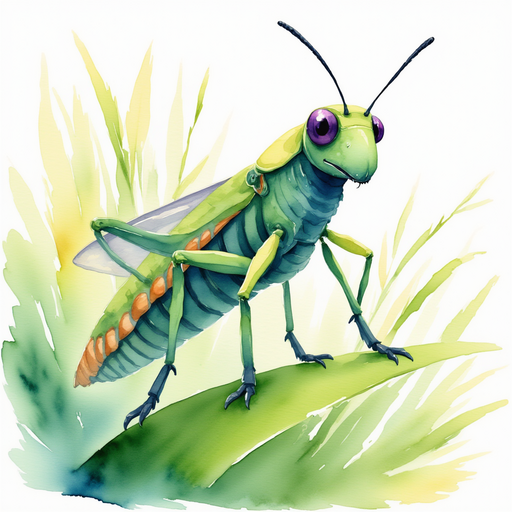 Buzzywhirl stands on a green leaf with a happy grin. In the background tall grass waves in the breeze.