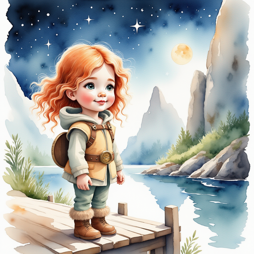 Bolda stands at the edge of a wooden dock, gazing at the night sky. In the background, tall snow-capped cliffs