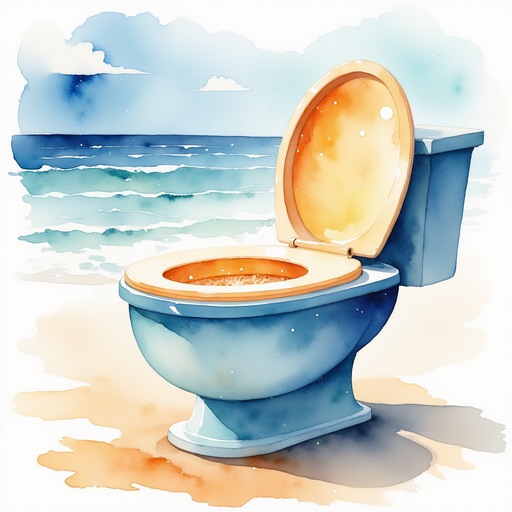 A small, glowing toilet bowl with a sparkly seat. In the background, the sandy shore.