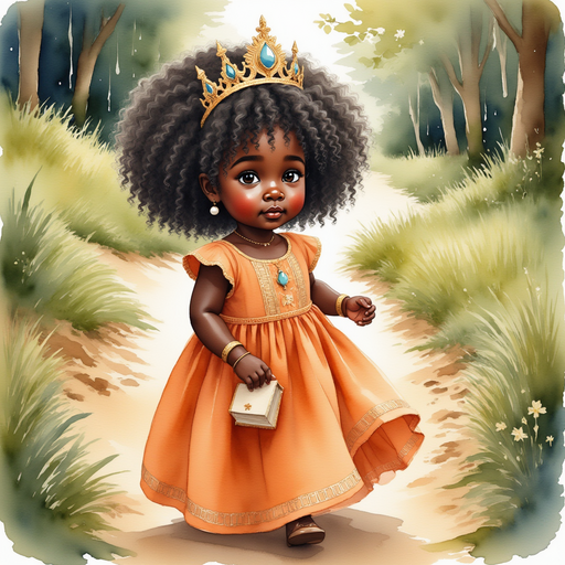 Queen Neena walking on a narrow path, looking down at the ground. In the background, winding trail among tall trees