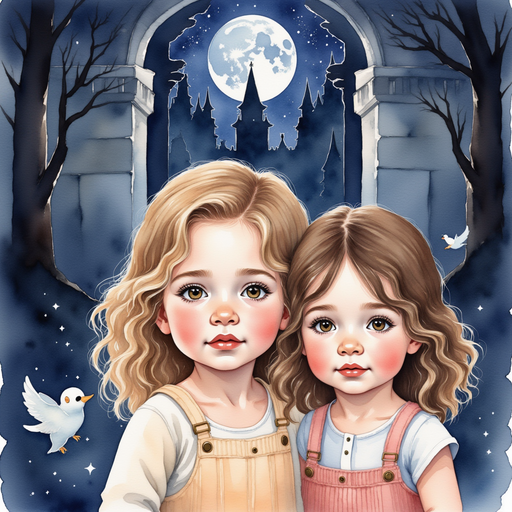 Paisley and Venus quietly approaching the dark and imposing gates of Maloria's castle at night. In the background is a moonlit sky over shadowy, twisted trees.