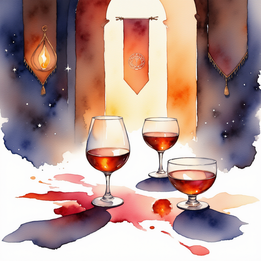 A pair of goblets tipped over near a puddle of spilled juice In the background, large banners and a glowing lantern cast shadows on the walls.