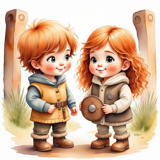 Her newly adopted brother stands beside Bolda, looking at the puzzle curiously. In the background, carved wooden posts