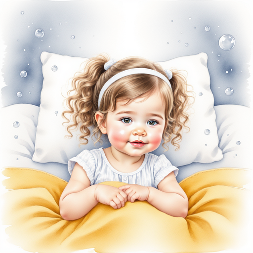 Sofia in her bed, tossing and turning, with thought bubbles showing her day.
