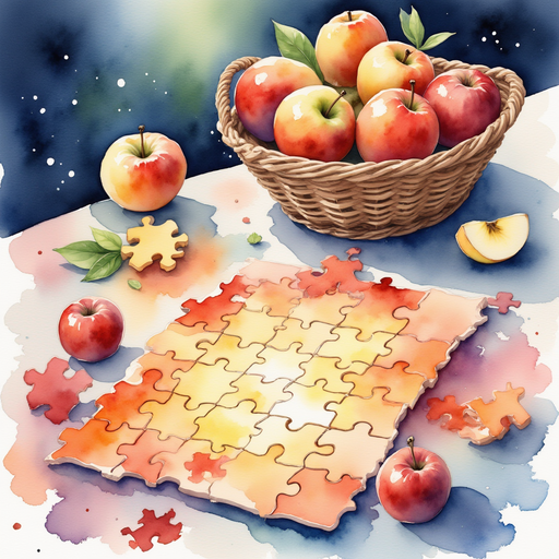 A glowing puzzle board with colorful pieces scattered across it. In the background a basket of apples.