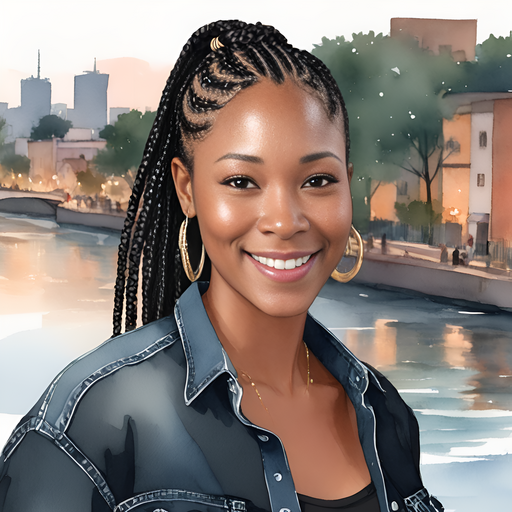 Renese close-up portrait fulani braids pinned in a ponytail sly grin wearing off shoulder black shirt and denim jeans standing in cityscape and river nearby distance